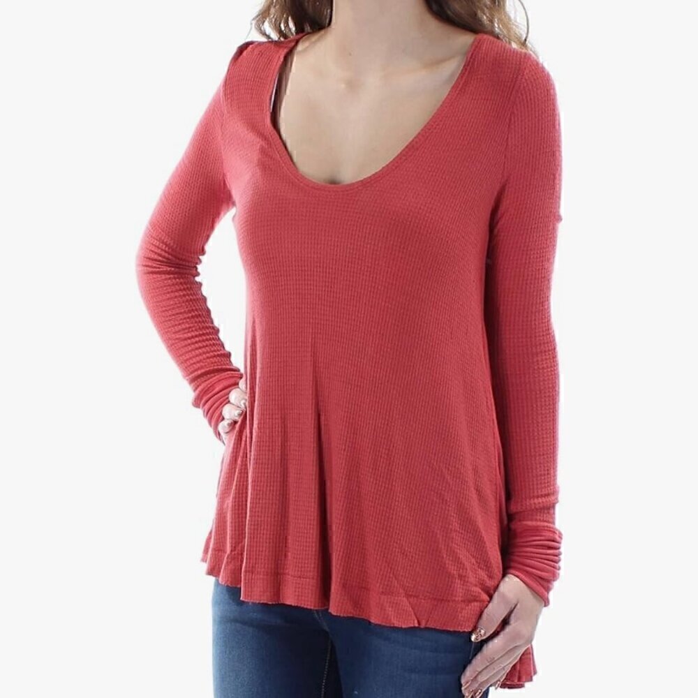 EUC FREE PEOPLE We The Free Malibu Waffle Knit Thermal in Washed Red - Size S